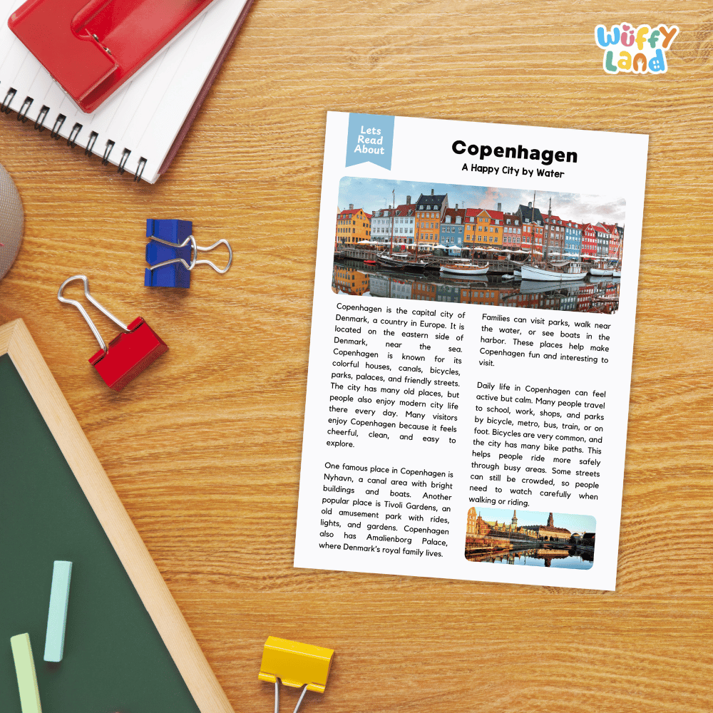 Lined reading comprehension question worksheet covering main ideas vocabulary terms and landmark facts about Copenhagen Denmark