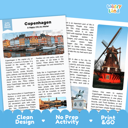 Reference sheet and answer key for Copenhagen landmark reading passage displaying completed comprehension answers and European geography facts