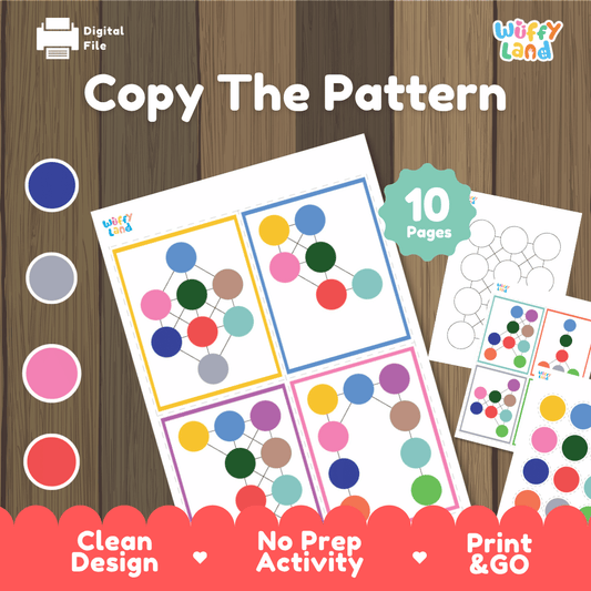 Copy the pattern printable visual spatial logic and color dot network activity pack overview from Wuffy Land featuring 10 pages 🧠🔴