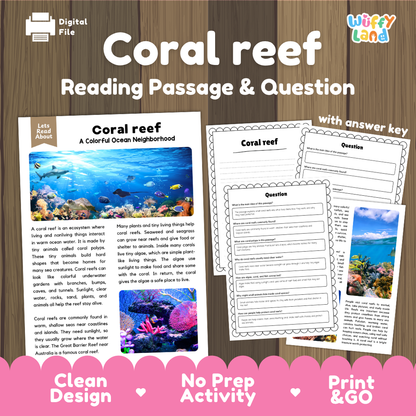 Coral reef reading comprehension passage and questions printable activity pack with answer key for elementary students