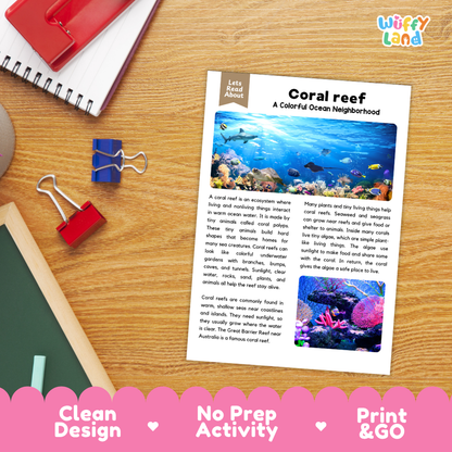 Student reading comprehension worksheet with short-answer questions and handwriting lines about coral reefs