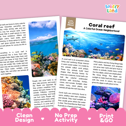 Teacher answer key page showing complete question solutions for coral reef reading comprehension practice
