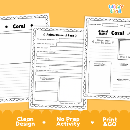 Coral Animal Research Page Printable Worksheets for Early Elementary