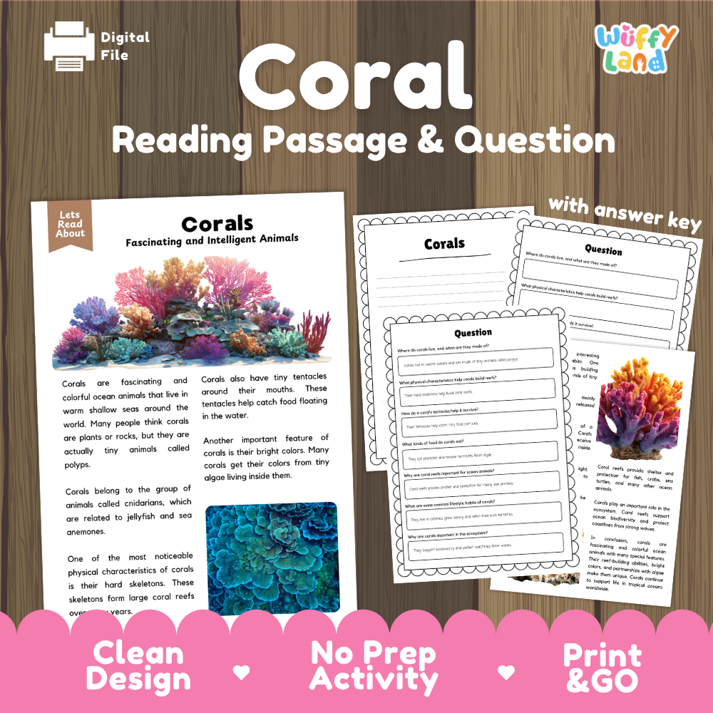 Coral Reading Passage and Comprehension Questions Worksheets