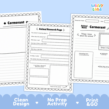 Cormorant Animal Research Page and Worksheets