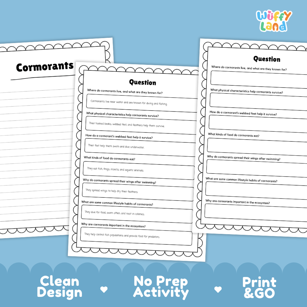 Cormorant Reading Passage and Comprehension Questions Worksheets