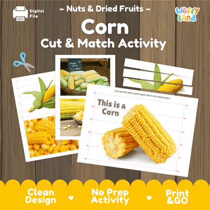 Corn Cut and Match Activity Worksheets | Nuts and Dried Fruits Puzzle Printables