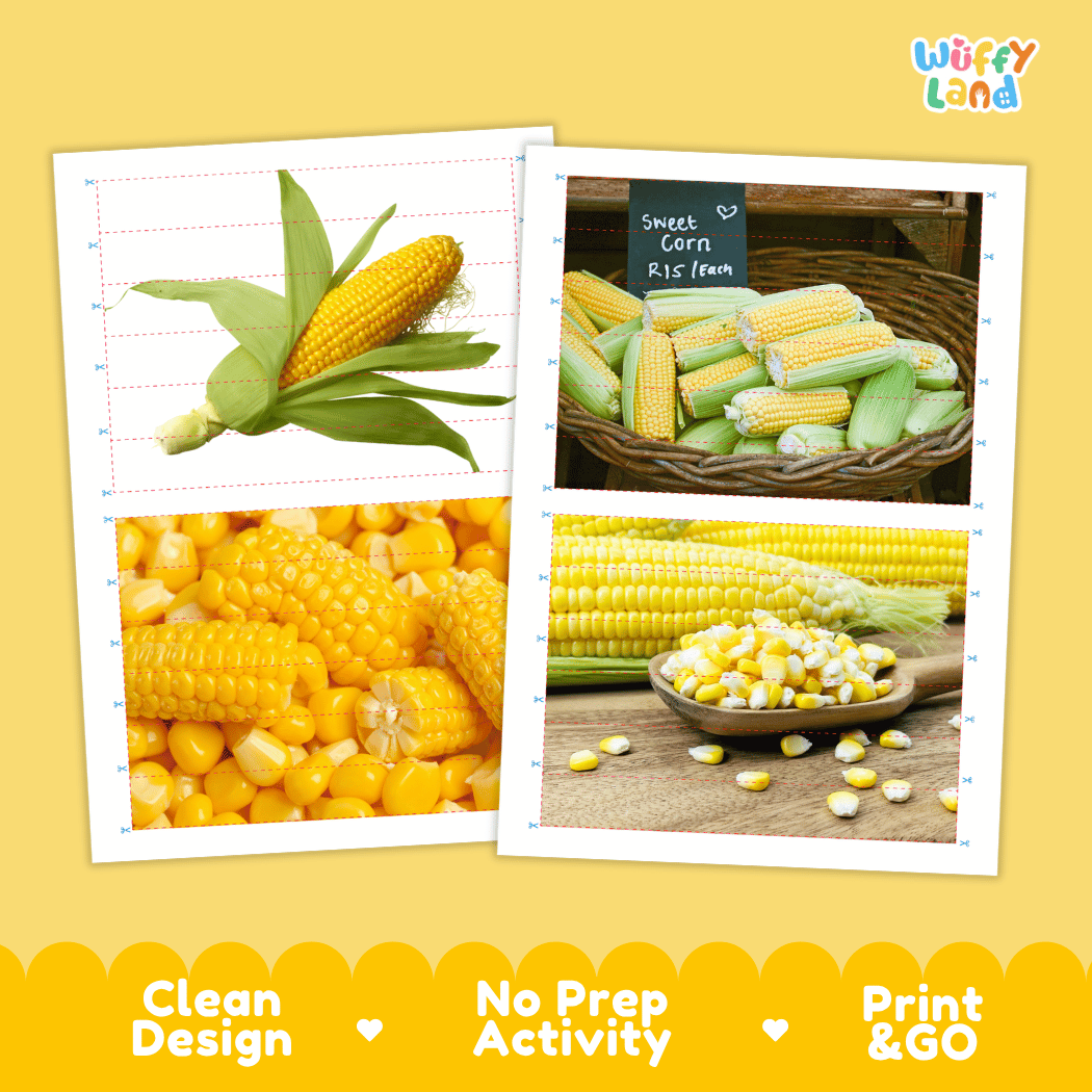 Corn Cut and Match Activity Worksheets | Nuts and Dried Fruits Puzzle Printables