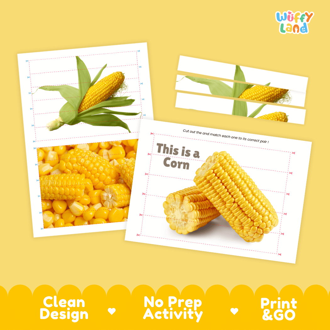 Corn Cut and Match Activity Worksheets | Nuts and Dried Fruits Puzzle Printables