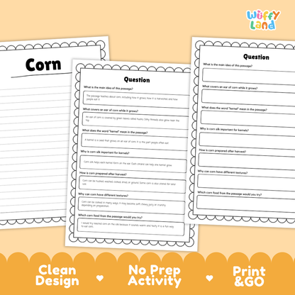 Corn Reading Passage and Comprehension Questions Worksheets with Answer Key
