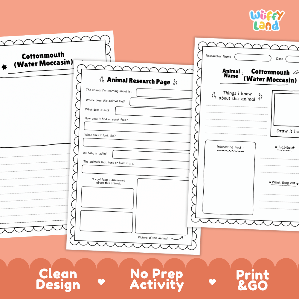 Cottonmouth Animal Research Page and Worksheets