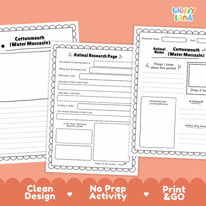 Cottonmouth Animal Research Page and Worksheets