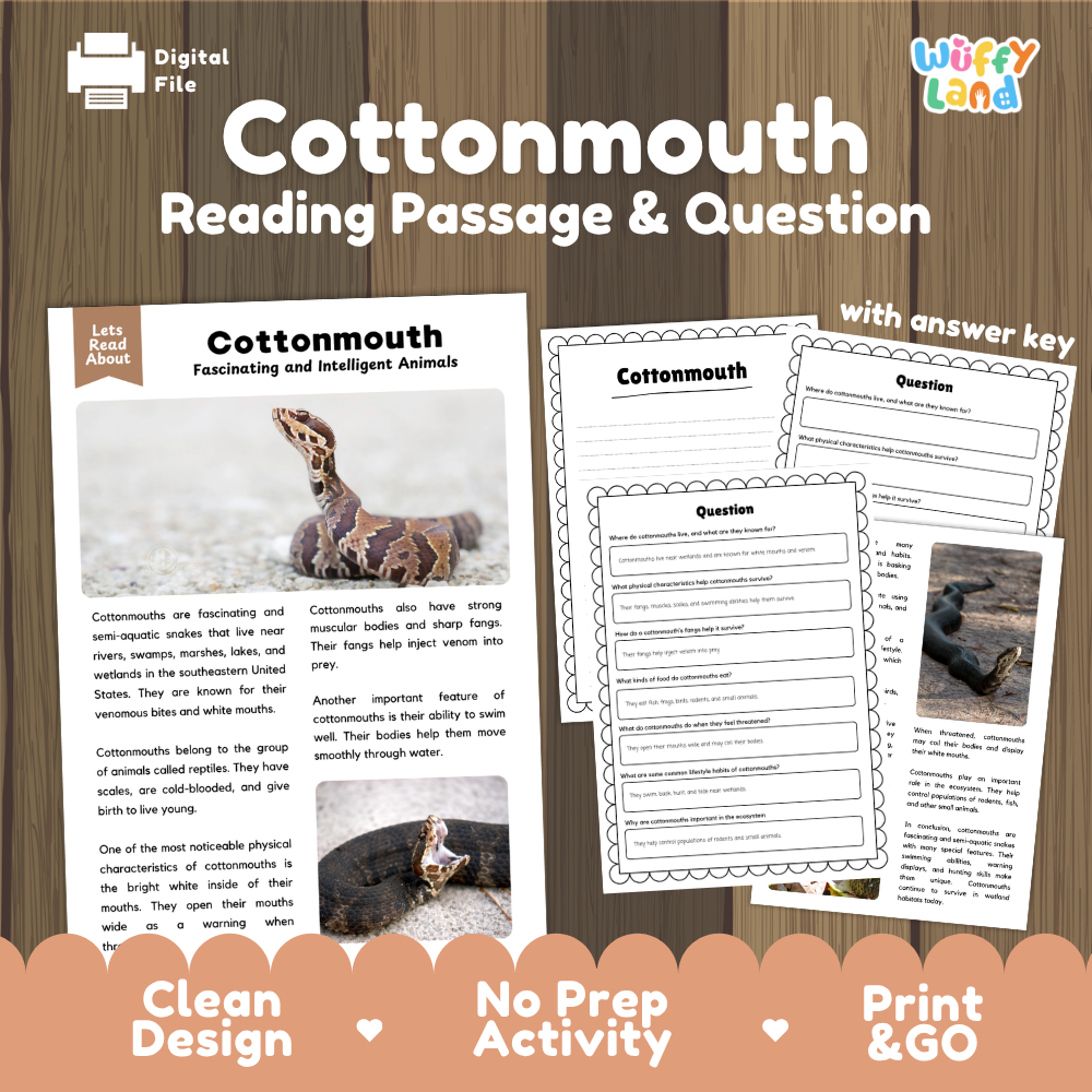 Digital reading activity product cover for 'Cottonmouth Reading Passage & Question' by Wiffly Land, shown on a wood background with sample pages including the passage, worksheet, and question card.