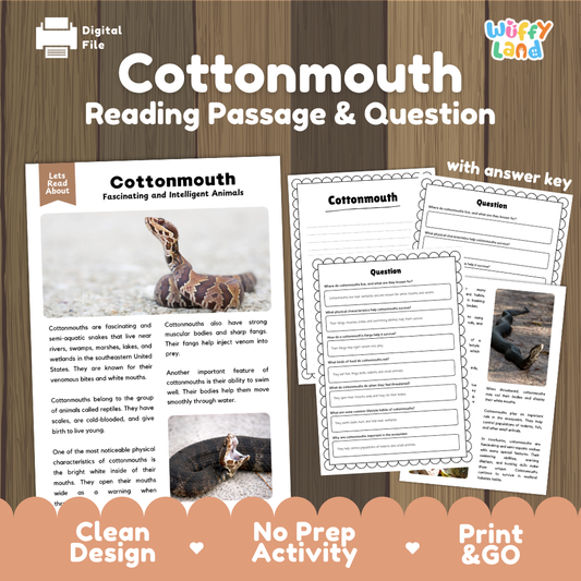 Digital reading activity product cover for 'Cottonmouth Reading Passage & Question' by Wiffly Land, shown on a wood background with sample pages including the passage, worksheet, and question card.