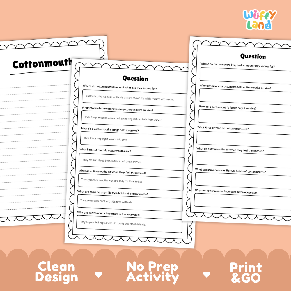 Cottonmouth Reading Passage and Questions | Snake Science Worksheets with Answer Key