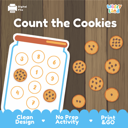 Count the Cookies in a Jar printable math activity overview featuring chocolate chip cookies and a glass jar counting mat from Wuffy Land 🍪🫙