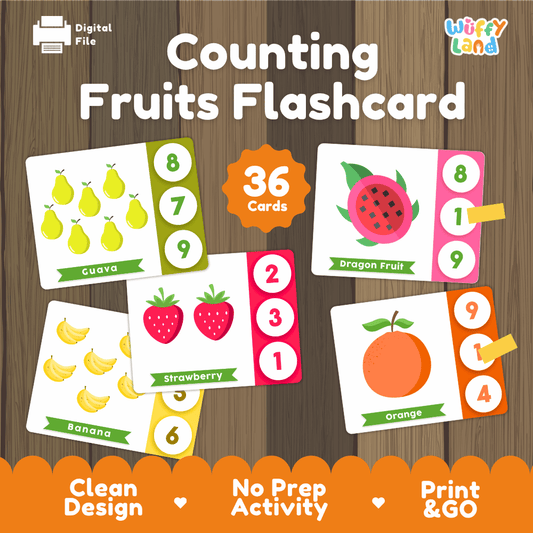 Counting Fruits Flashcard 36-card printable math activity overview featuring fruit clip cards from Wuffy Land 🍓🍊