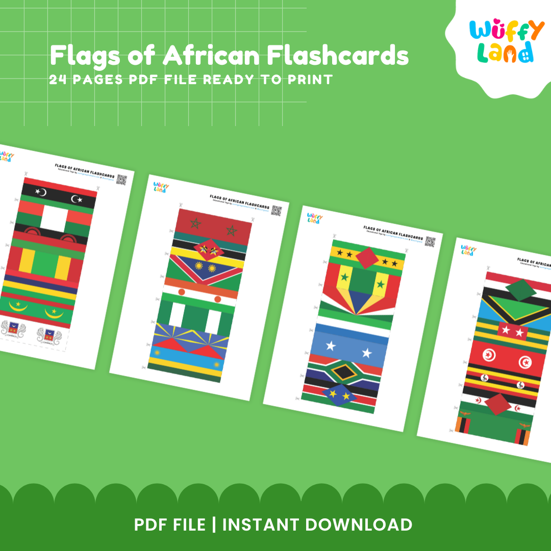 Countries of Africa printable flashcards with colorful national flags and country names for geography, memory and identification activities