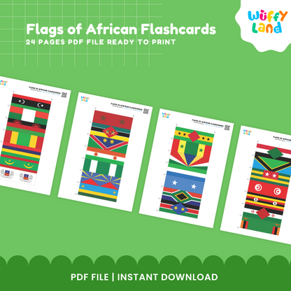 Countries of Africa printable flashcards with colorful national flags and country names for geography, memory and identification activities