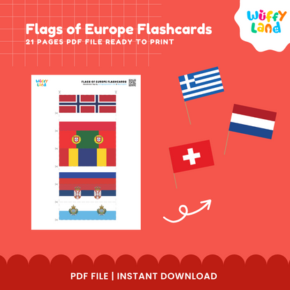 Countries of Europe printable flashcards with colorful national flags and names for geography lessons and country identification