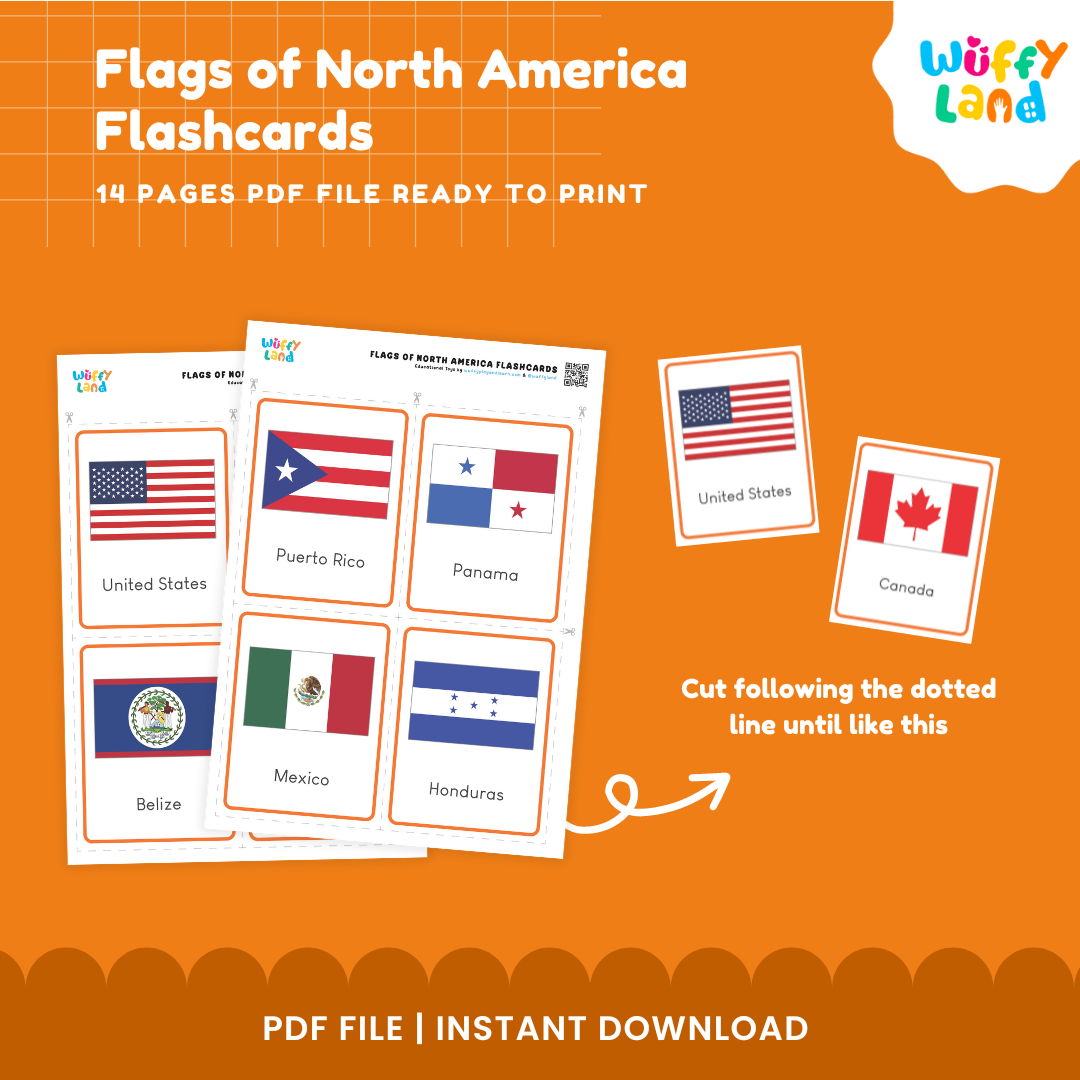 Countries of North America printable flag flashcards with national flags and names for geography lessons and identification activities