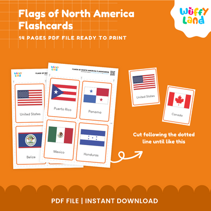 Countries of North America printable flag flashcards with national flags and names for geography lessons and identification activities