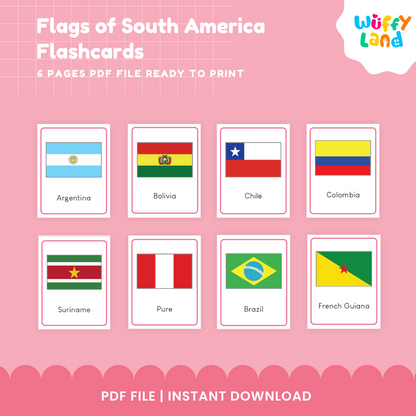 Countries of South America printable flag flashcards with national flags and names for geography lessons and identification activities