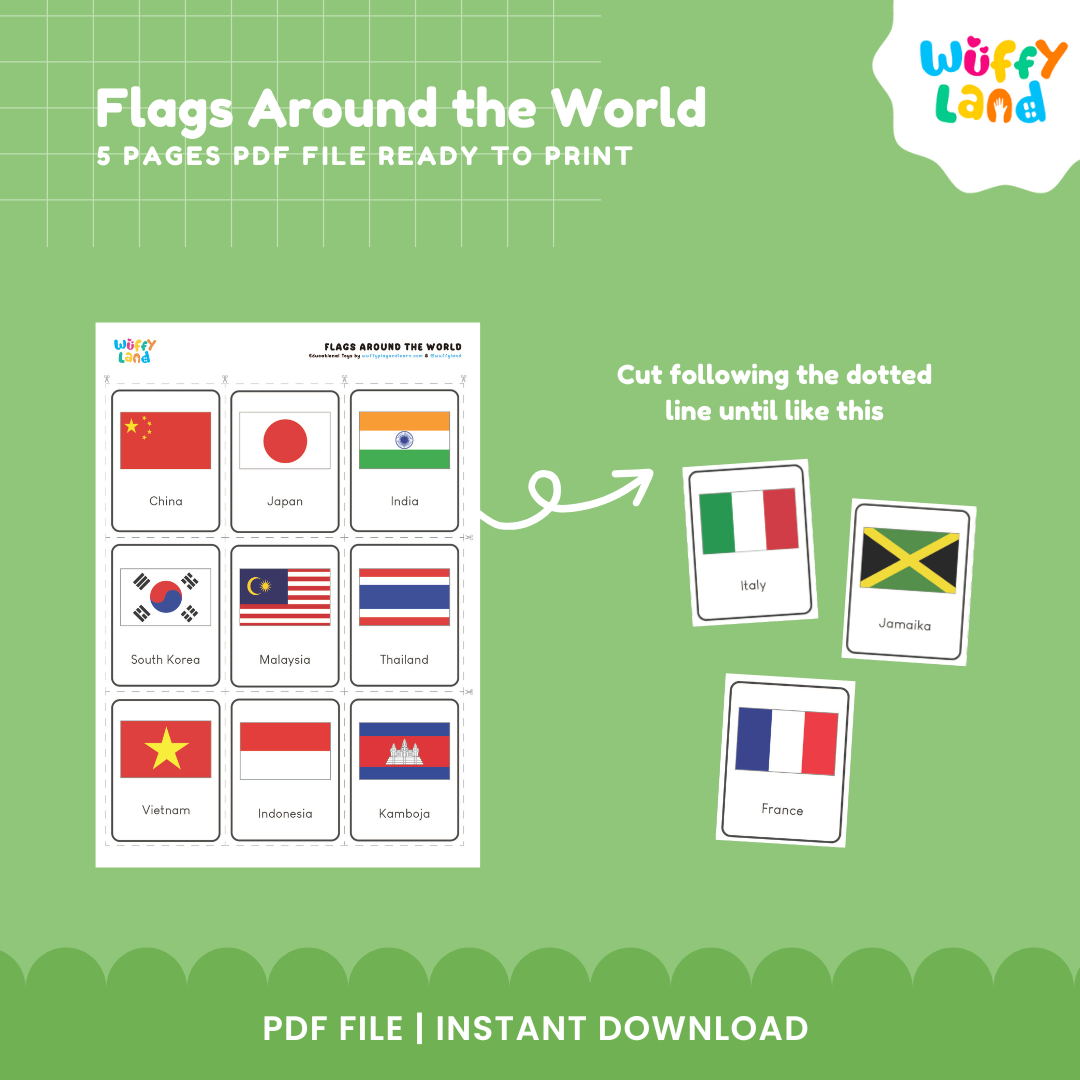 Countries of the world flags learning game featuring flag cards and a printable game board for fun geography practice