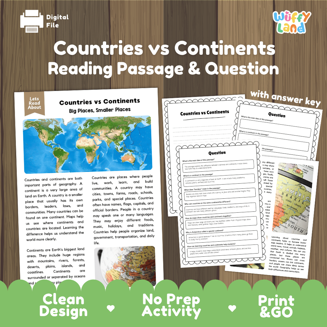 Countries vs continents reading comprehension passage and questions printable activity pack with answer key for elementary students