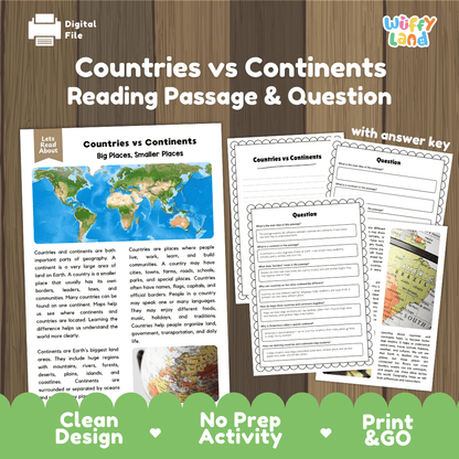 Countries vs continents reading comprehension passage and questions printable activity pack with answer key for elementary students