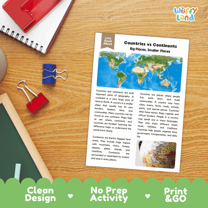 Student reading comprehension worksheet with short-answer questions and lined sections about countries and continents