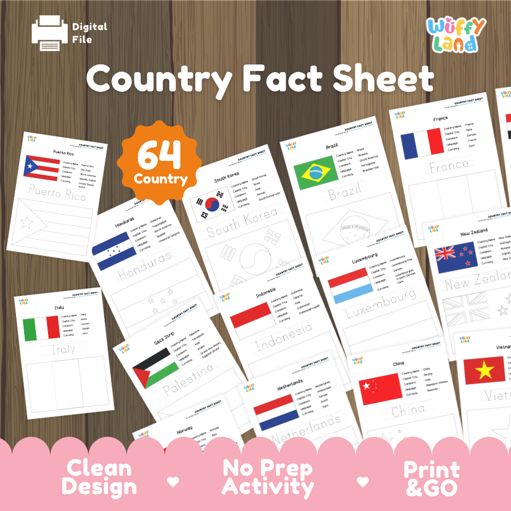 Country fact sheet cover showing printable geography research worksheets covering 64 countries with flags and data fields