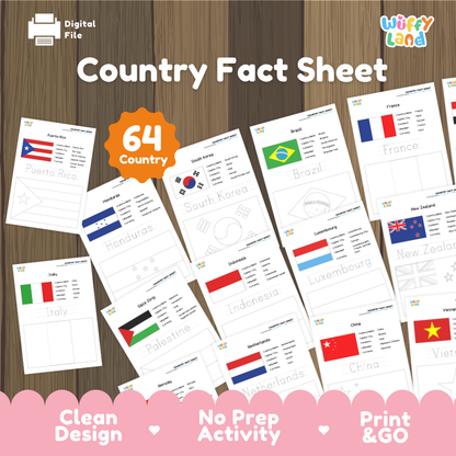Country fact sheet cover showing printable geography research worksheets covering 64 countries with flags and data fields