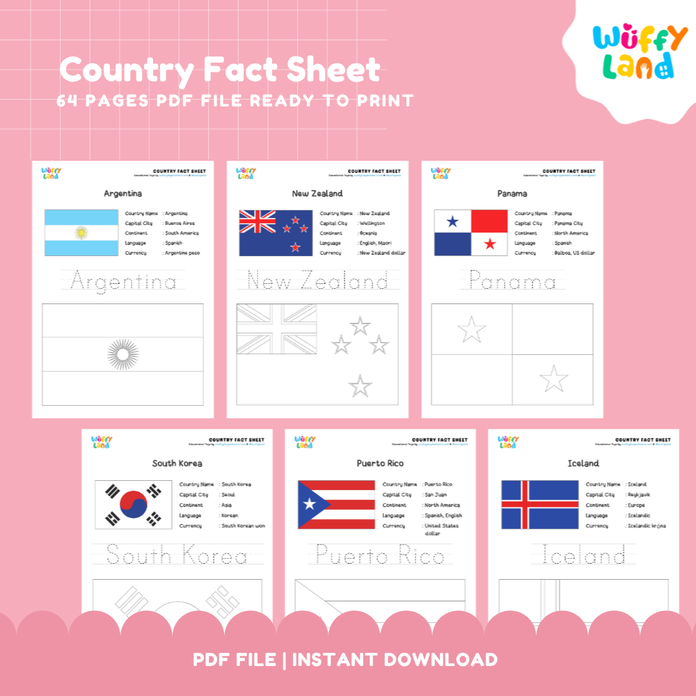 Printable fact sheet worksheets featuring data for Puerto Rico, Honduras, South Korea, Brazil, and France