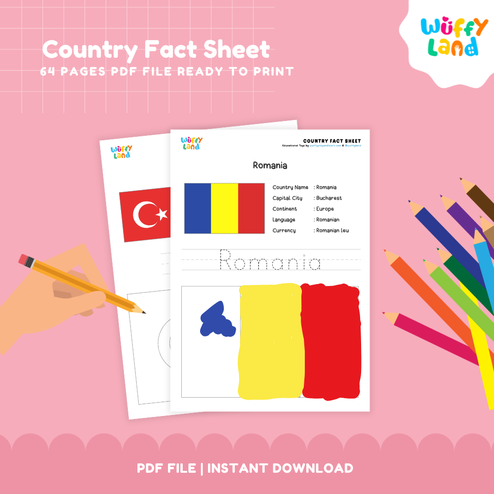 Close-up of country worksheets showing name tracing lines, capital details, and flag coloring boxes