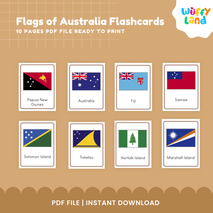 Printable Australia and Oceania country flag cards featuring 23 flags with names for classroom geography and country identification