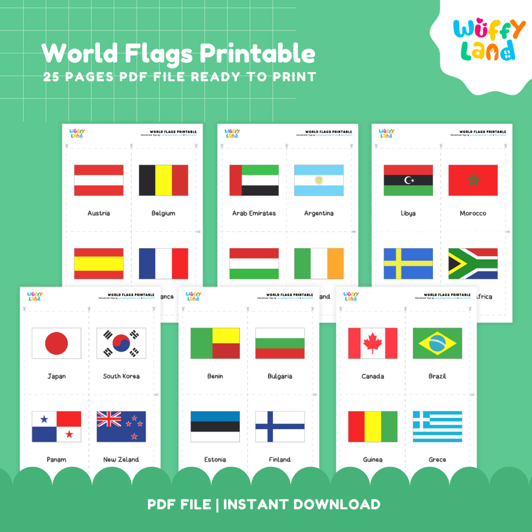 Country flags matching cards for kids featuring flags from around the world for geography, recognition and memory practice