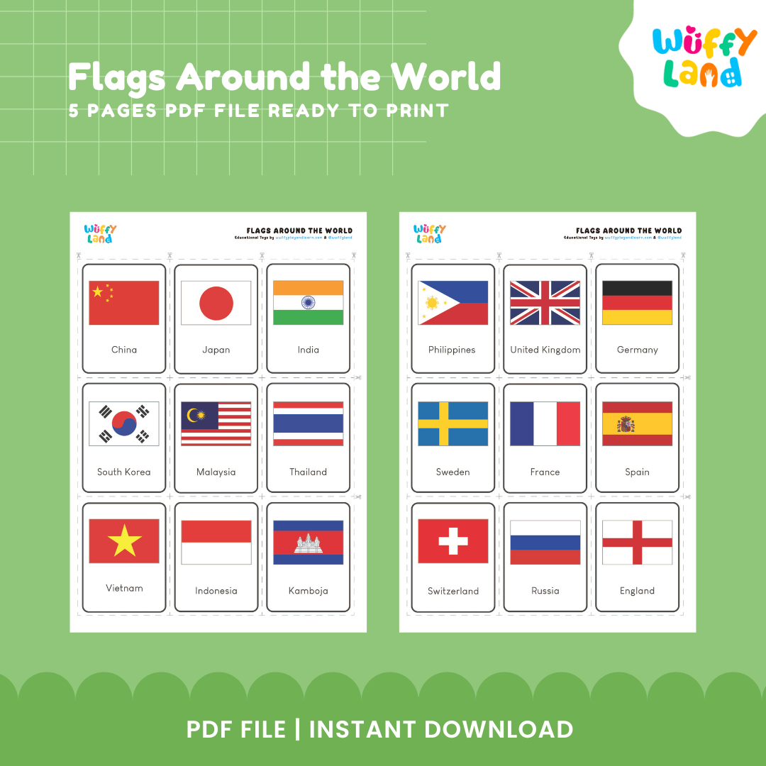 Printable country flags matching game featuring flags from different countries for visual recognition and geography practice