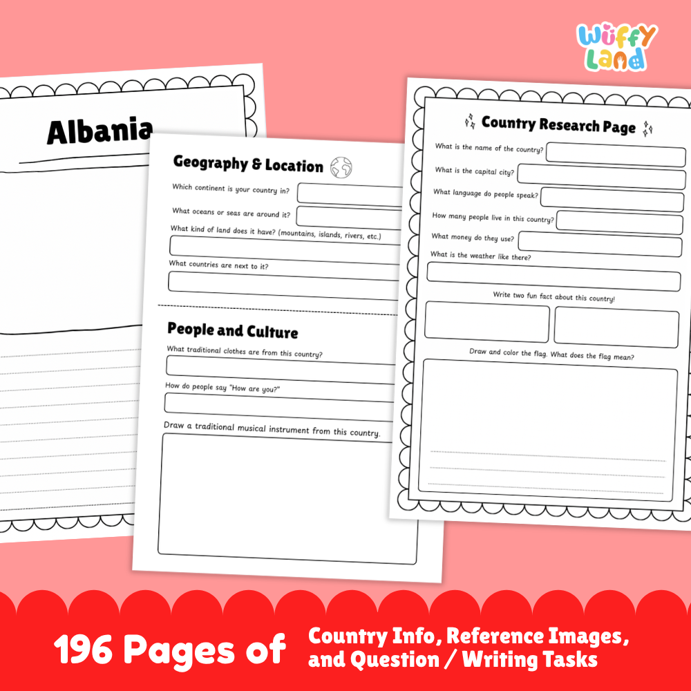Student geography worksheets featuring visual reference images paired with comprehension questions and writing tasks