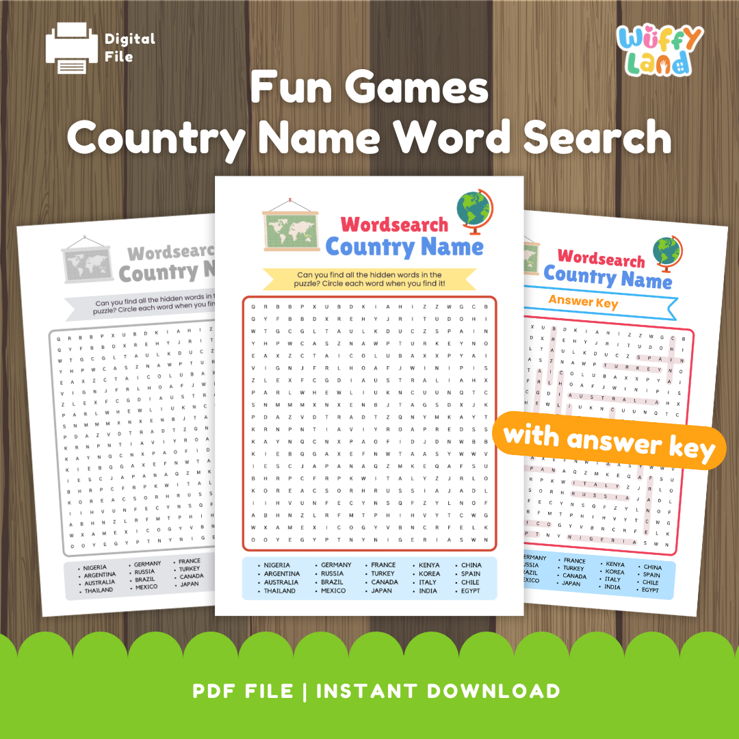 Three word-search worksheets on a corkboard labeled "Wordsearch Country Name." The center page shows a letter grid with a list of countries at the bottom (e.g., Nigeria, Germany, France, Japan, Mexico). A grayscale version sits on the left, and the right page shows the answer key with solution paths highlighted. Designed as a printable geography activity.