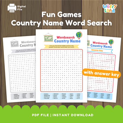 Three word-search worksheets on a corkboard labeled "Wordsearch Country Name." The center page shows a letter grid with a list of countries at the bottom (e.g., Nigeria, Germany, France, Japan, Mexico). A grayscale version sits on the left, and the right page shows the answer key with solution paths highlighted. Designed as a printable geography activity.