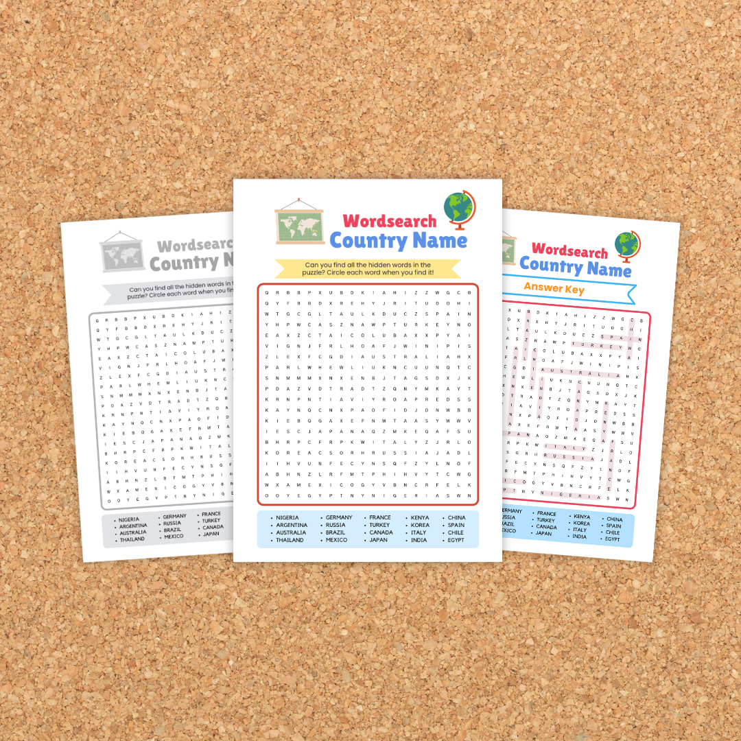 Three word-search worksheets on a corkboard labeled "Wordsearch Country Name." The center page shows a letter grid with a list of countries at the bottom (e.g., Nigeria, Germany, France, Japan, Mexico). A grayscale version sits on the left, and the right page shows the answer key with solution paths highlighted. Designed as a printable geography activity.