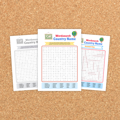 Three word-search worksheets on a corkboard labeled "Wordsearch Country Name." The center page shows a letter grid with a list of countries at the bottom (e.g., Nigeria, Germany, France, Japan, Mexico). A grayscale version sits on the left, and the right page shows the answer key with solution paths highlighted. Designed as a printable geography activity.