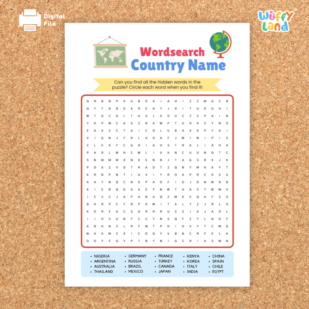 Three word-search worksheets on a corkboard labeled "Wordsearch Country Name." The center page shows a letter grid with a list of countries at the bottom (e.g., Nigeria, Germany, France, Japan, Mexico). A grayscale version sits on the left, and the right page shows the answer key with solution paths highlighted. Designed as a printable geography activity.