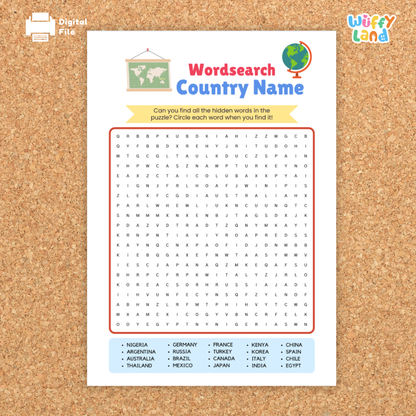 Three word-search worksheets on a corkboard labeled "Wordsearch Country Name." The center page shows a letter grid with a list of countries at the bottom (e.g., Nigeria, Germany, France, Japan, Mexico). A grayscale version sits on the left, and the right page shows the answer key with solution paths highlighted. Designed as a printable geography activity.
