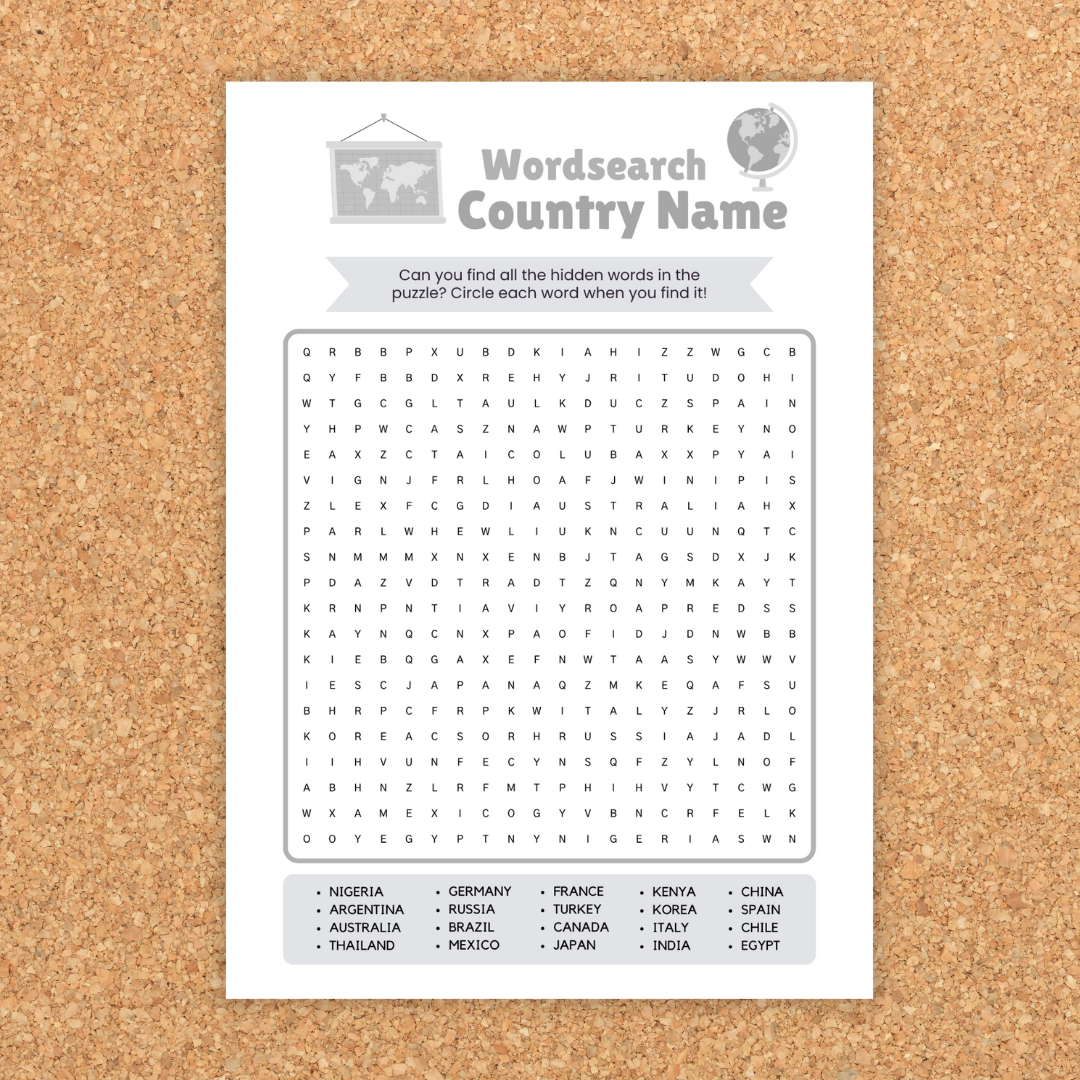 Three word-search worksheets on a corkboard labeled "Wordsearch Country Name." The center page shows a letter grid with a list of countries at the bottom (e.g., Nigeria, Germany, France, Japan, Mexico). A grayscale version sits on the left, and the right page shows the answer key with solution paths highlighted. Designed as a printable geography activity.