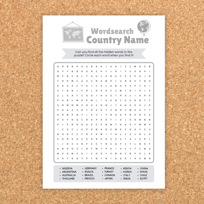 Three word-search worksheets on a corkboard labeled "Wordsearch Country Name." The center page shows a letter grid with a list of countries at the bottom (e.g., Nigeria, Germany, France, Japan, Mexico). A grayscale version sits on the left, and the right page shows the answer key with solution paths highlighted. Designed as a printable geography activity.