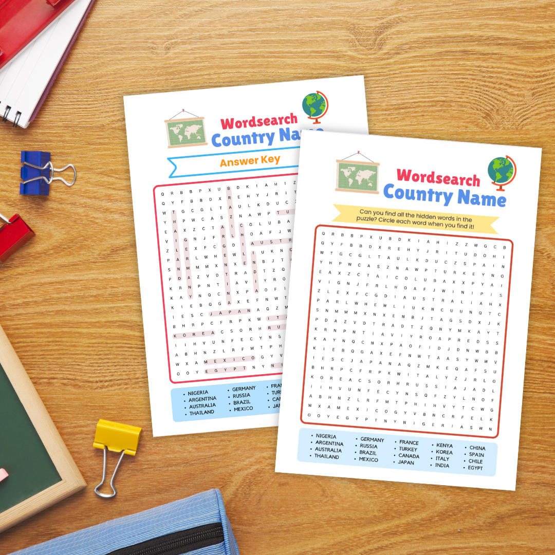 Three word-search worksheets on a corkboard labeled "Wordsearch Country Name." The center page shows a letter grid with a list of countries at the bottom (e.g., Nigeria, Germany, France, Japan, Mexico). A grayscale version sits on the left, and the right page shows the answer key with solution paths highlighted. Designed as a printable geography activity.