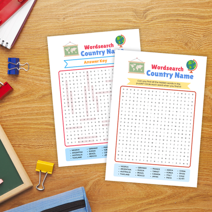 Three word-search worksheets on a corkboard labeled "Wordsearch Country Name." The center page shows a letter grid with a list of countries at the bottom (e.g., Nigeria, Germany, France, Japan, Mexico). A grayscale version sits on the left, and the right page shows the answer key with solution paths highlighted. Designed as a printable geography activity.