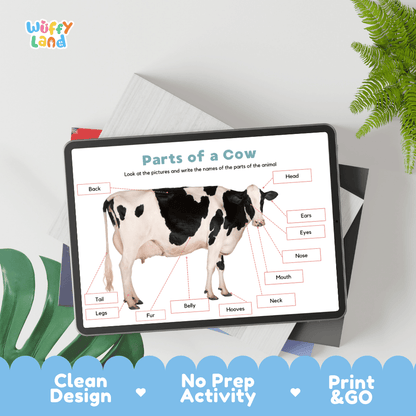 Educational cut and paste cow anatomy worksheet with printable word cutout tiles for head, ears, hooves, fur, and tail